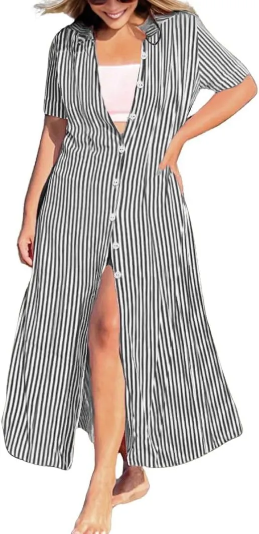 chouyatou Women's Summer Short Sleeve Striped Shirt Dress Casual Loose Button Down Maxi Long Beach Dress