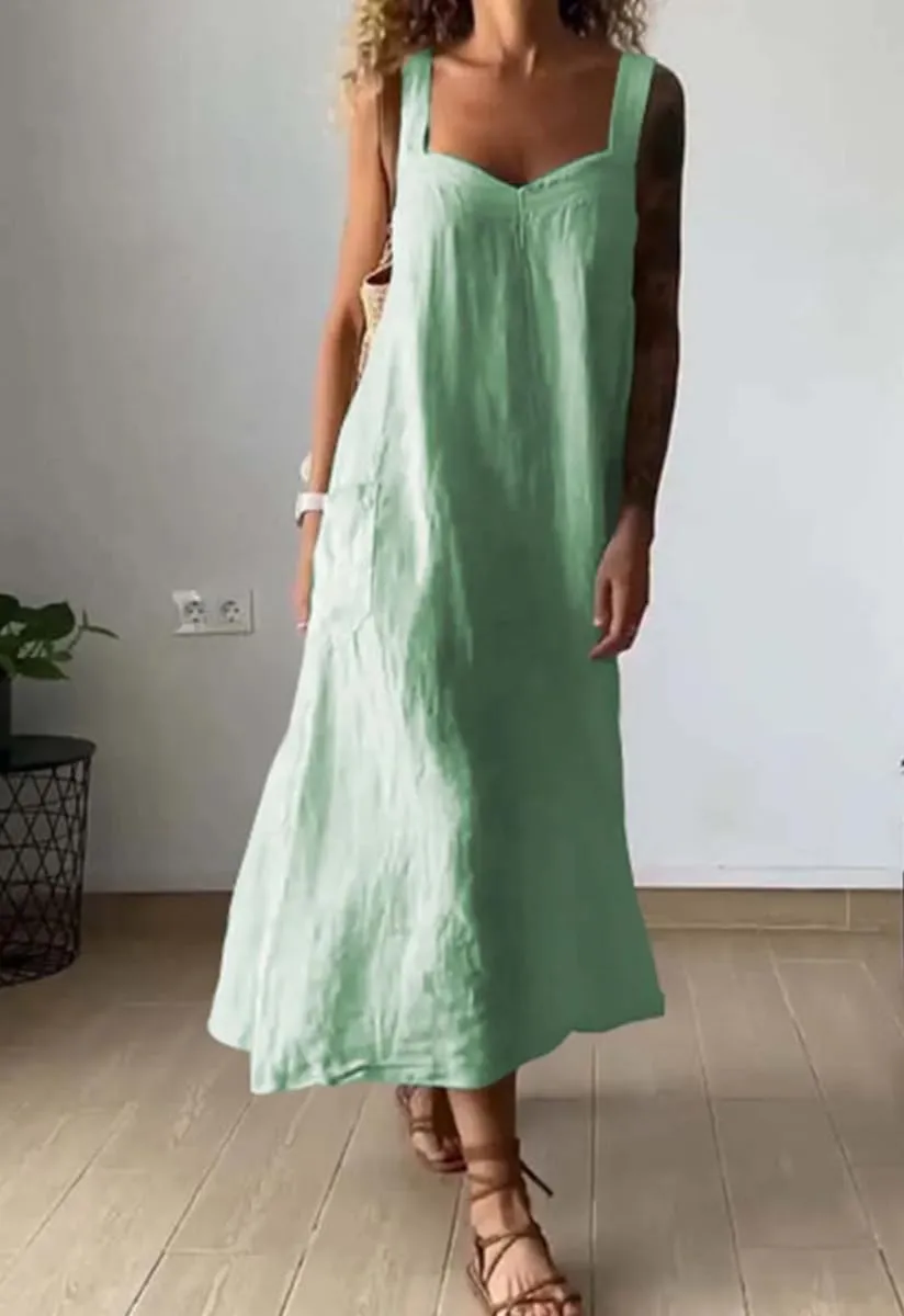 chouyatou Women's Summer Spaghetti Strap Sleeveless Linen Overall Dress Casual A-Line Midi Long Beach Dress