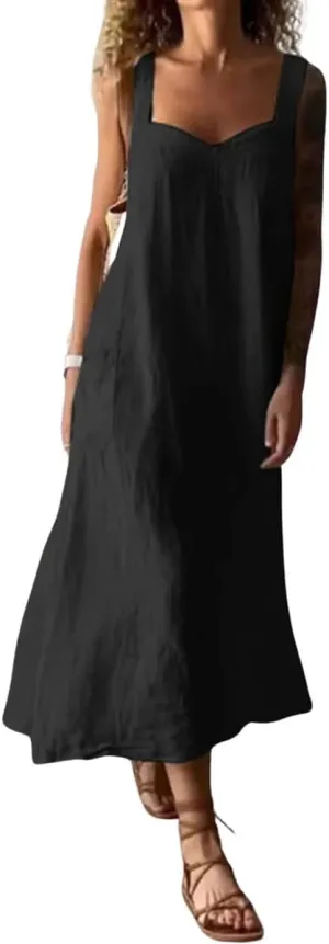 chouyatou Women's Summer Spaghetti Strap Sleeveless Linen Overall Dress Casual A-Line Midi Long Beach Dress