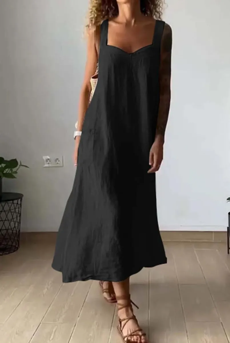 chouyatou Women's Summer Spaghetti Strap Sleeveless Linen Overall Dress Casual A-Line Midi Long Beach Dress
