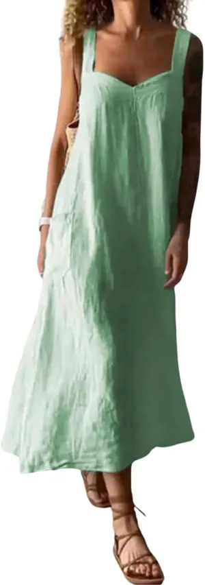 chouyatou Women's Summer Spaghetti Strap Sleeveless Linen Overall Dress Casual A-Line Midi Long Beach Dress