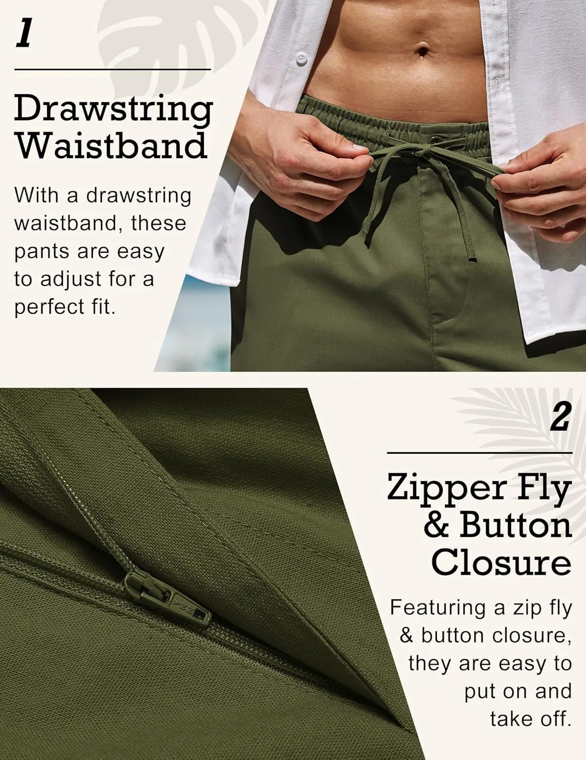 COOFANDY Men's Casual Linen Pants Elastic Waist Drawstring Beach Summer Pants Lightweight Linen Trousers