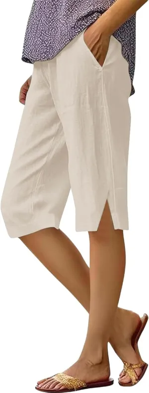 Cotton Linen Capri Shorts for Women's Summer Solid Comfy Wide Leg Short Pants Beach Vacation Cropped Trousers