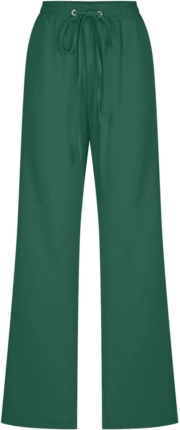 Cotton Linen Pants Women Summer Elastic High Waisted Pant Solid Wide Leg Trousers Casual Tie Waist Straight Pants