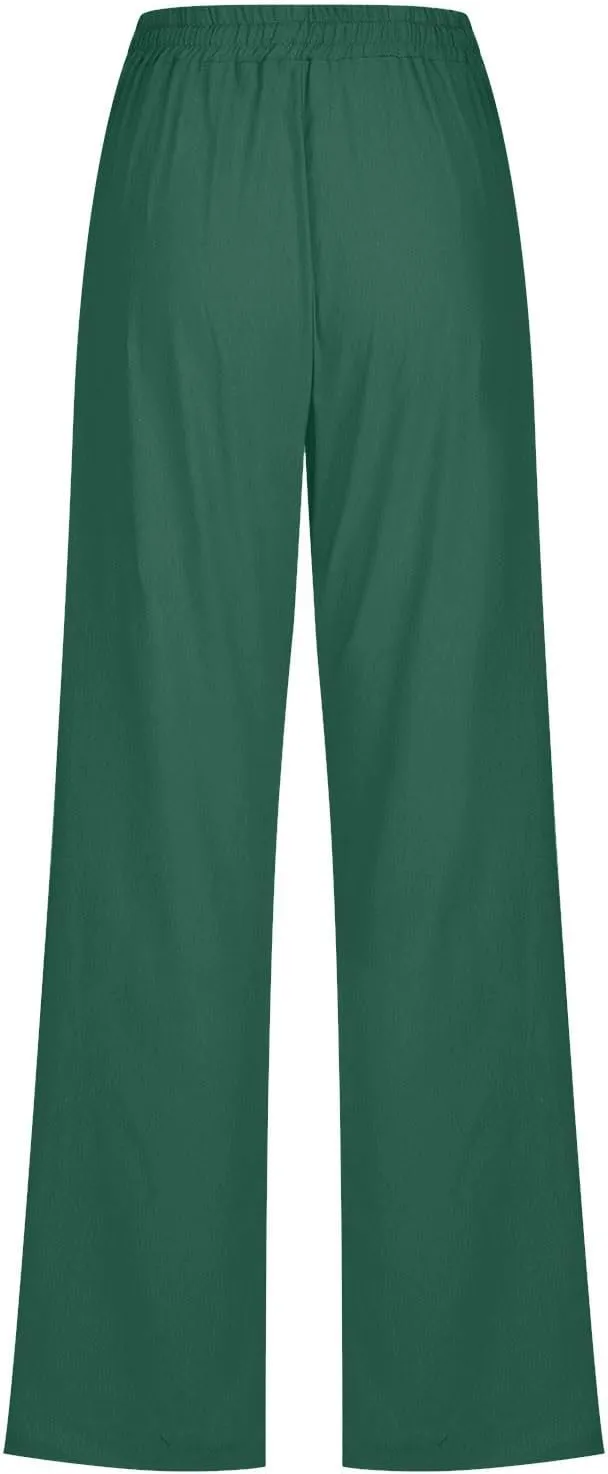 Cotton Linen Pants Women Summer Elastic High Waisted Pant Solid Wide Leg Trousers Casual Tie Waist Straight Pants