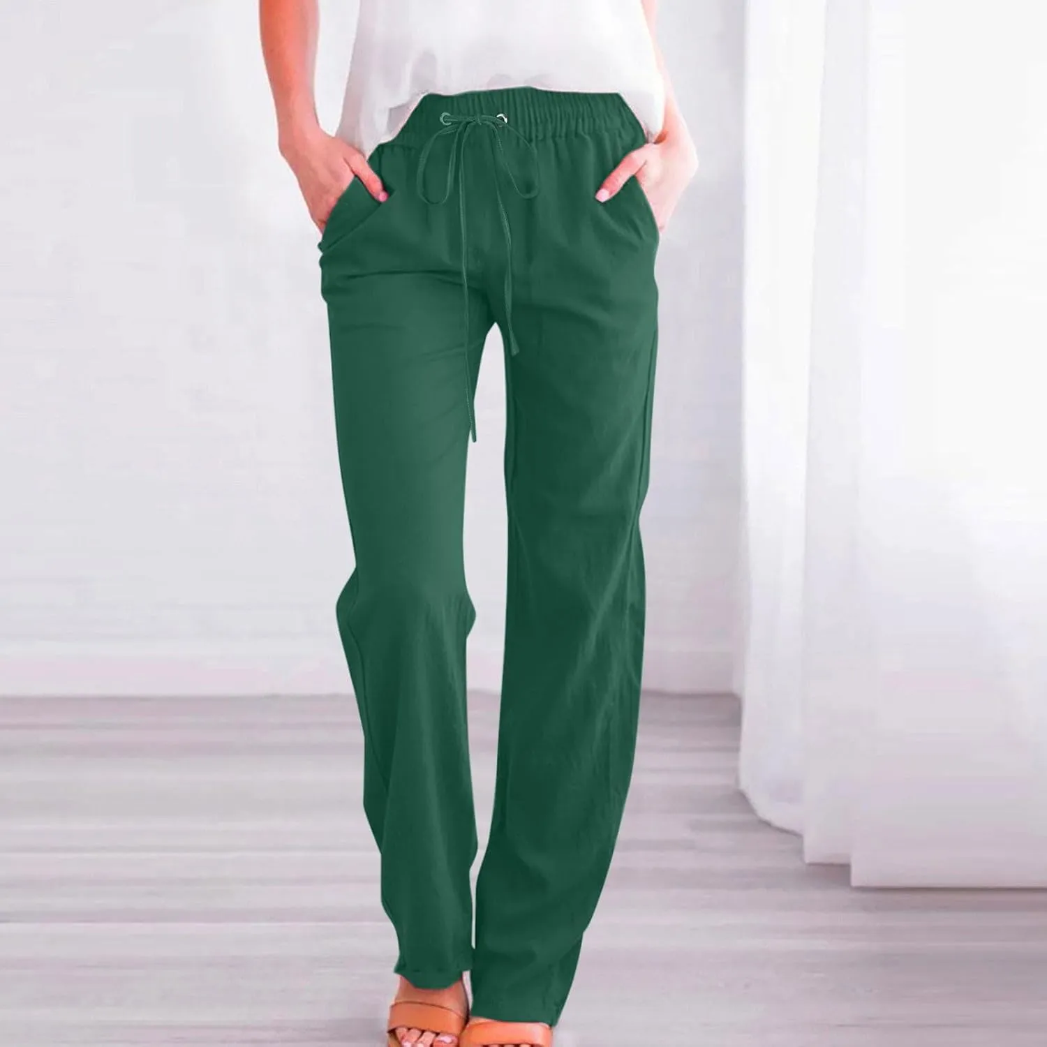 Cotton Linen Pants Women Summer Elastic High Waisted Pant Solid Wide Leg Trousers Casual Tie Waist Straight Pants
