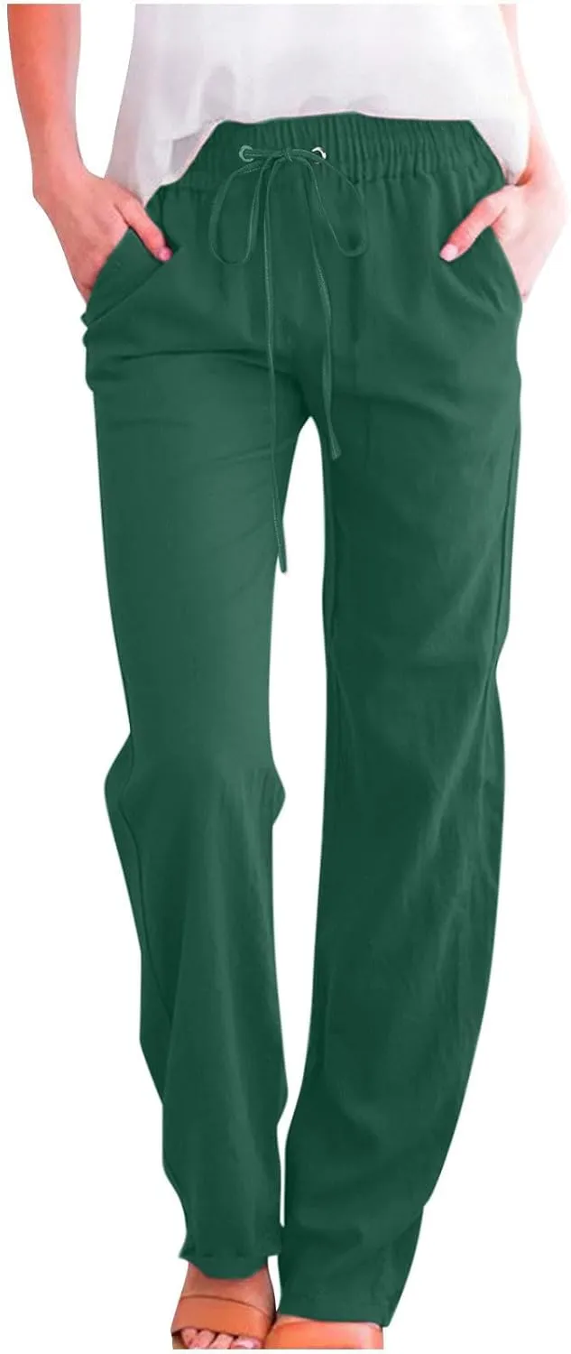 Cotton Linen Pants Women Summer Elastic High Waisted Pant Solid Wide Leg Trousers Casual Tie Waist Straight Pants