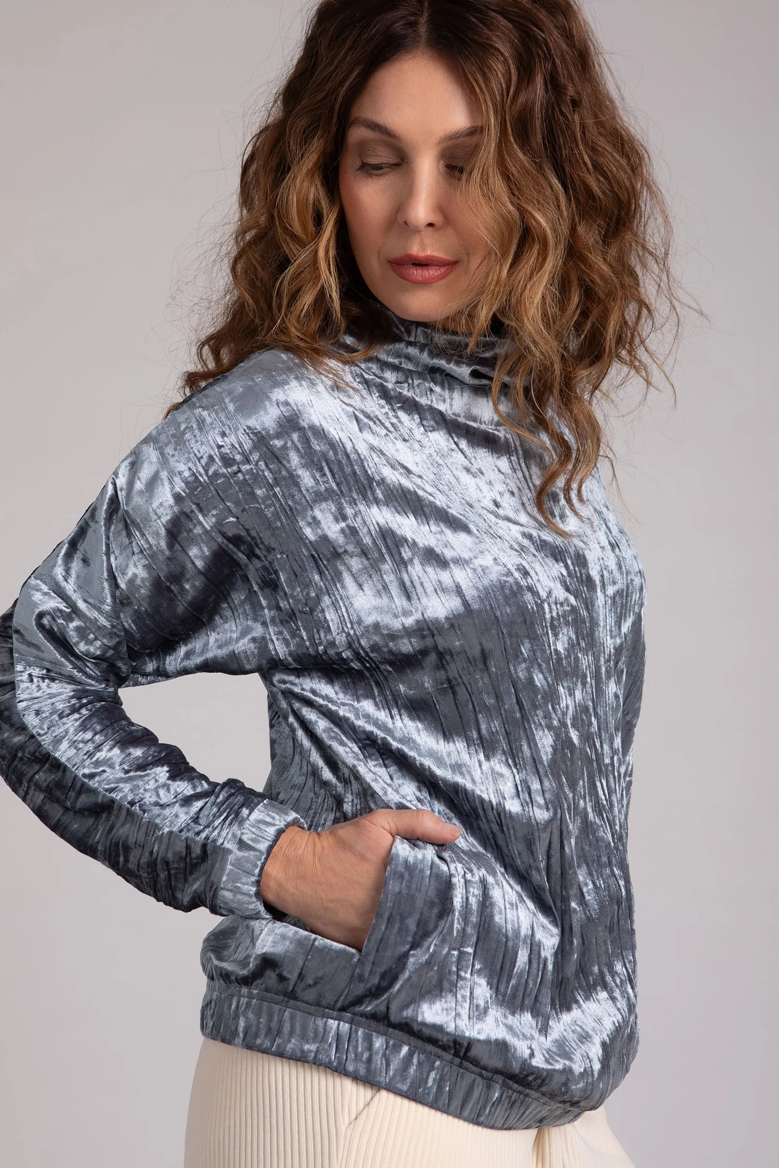 Crinkle Velvet Funnel Neck Top | Gunmetal