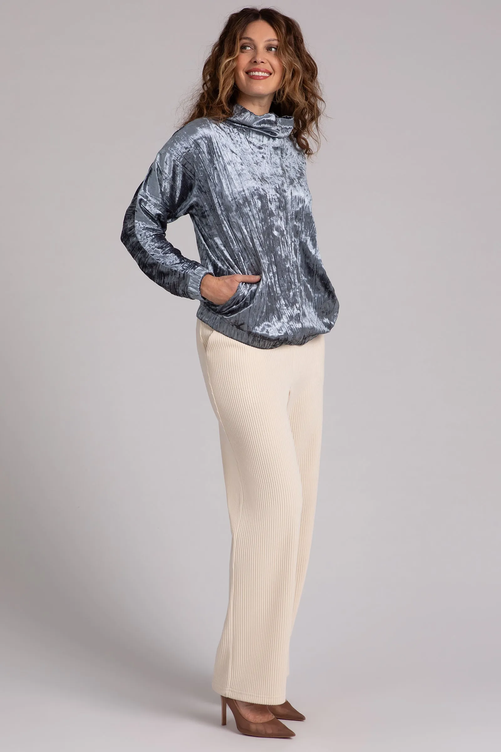Crinkle Velvet Funnel Neck Top | Gunmetal