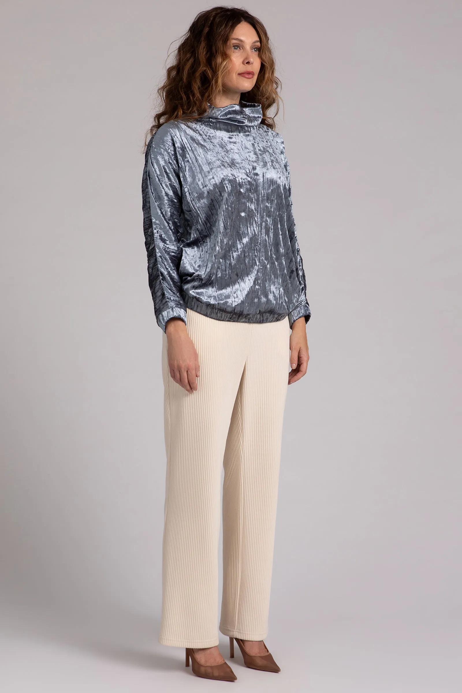 Crinkle Velvet Funnel Neck Top | Gunmetal