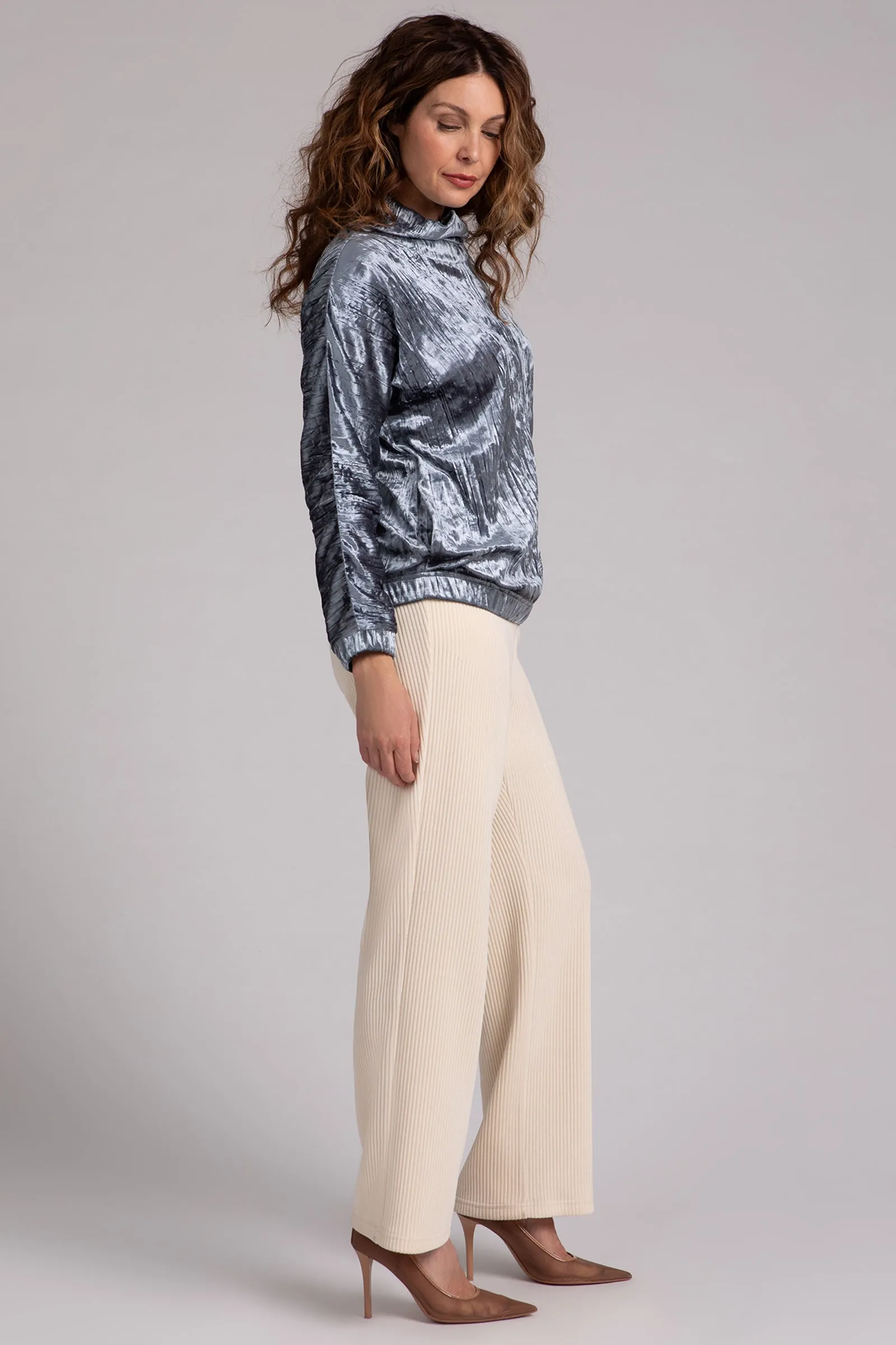 Crinkle Velvet Funnel Neck Top | Gunmetal