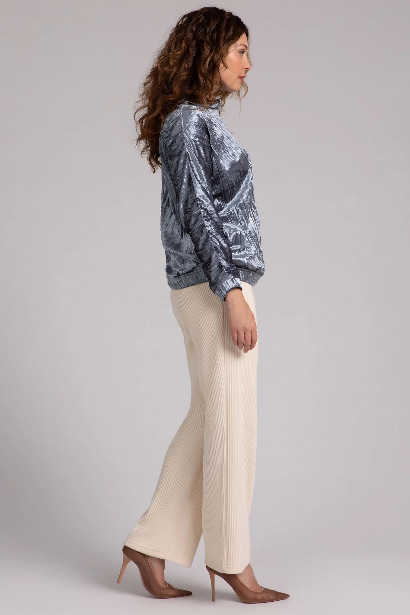 Crinkle Velvet Funnel Neck Top | Gunmetal