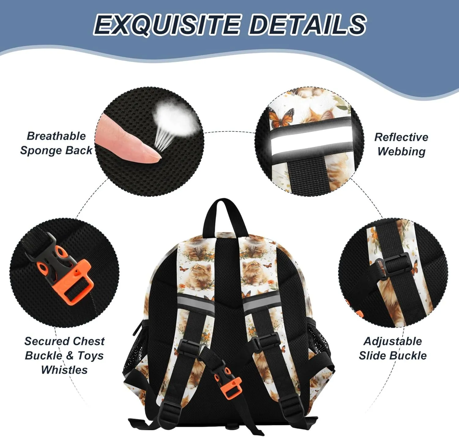 Cute Ears Kids Daily Backpack Leash Boys Girls Anti-Lost Personalized Toddler Toy Bag with Reflective Strip M Aesthetic Somali Cats White