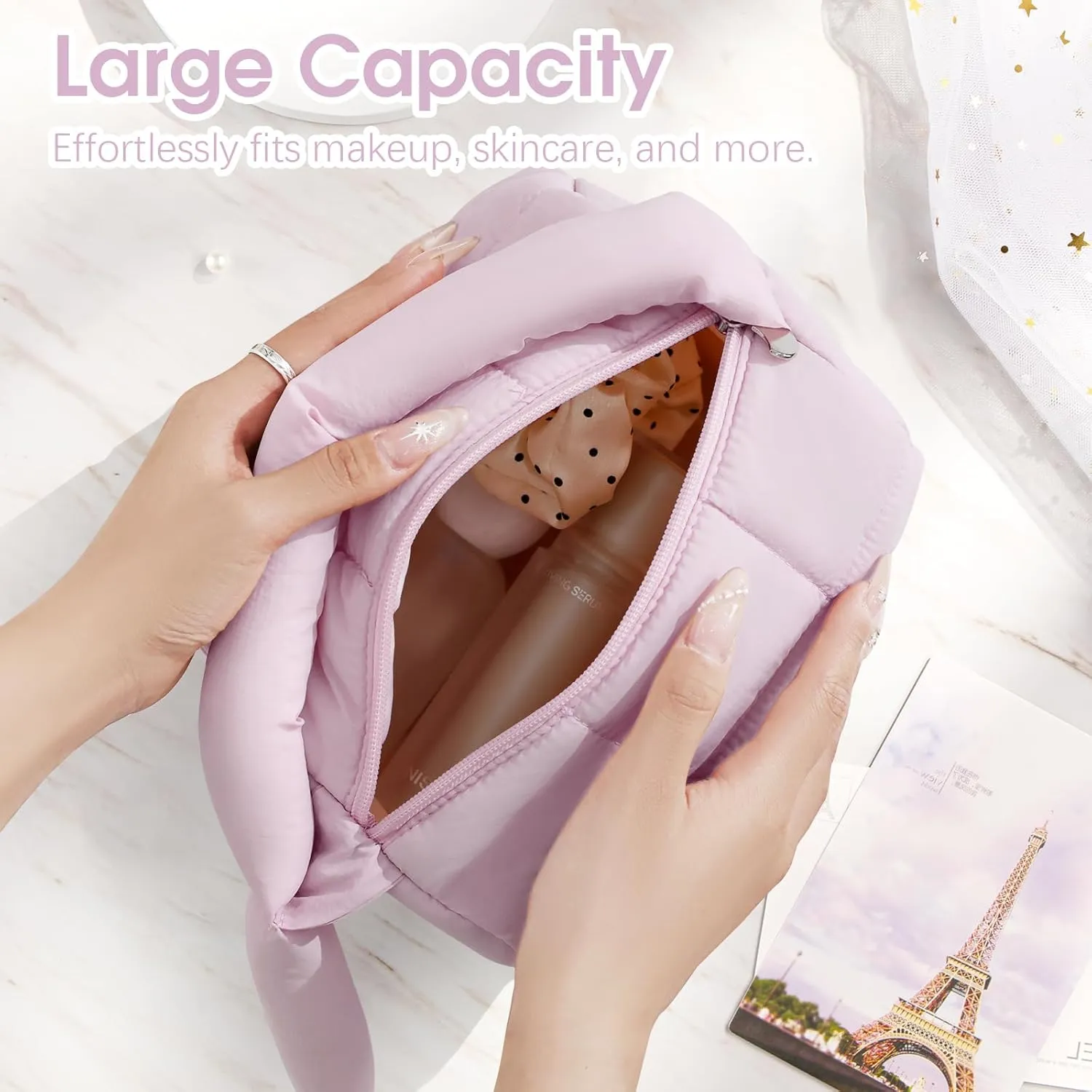 Cute Puffy Makeup Bag with Handle, Quilted Cosmetic Organizer Bag, Waterproof Travel Toiletry Pouch, Portable Handbag with Zipper for Women and Girls (Purple)