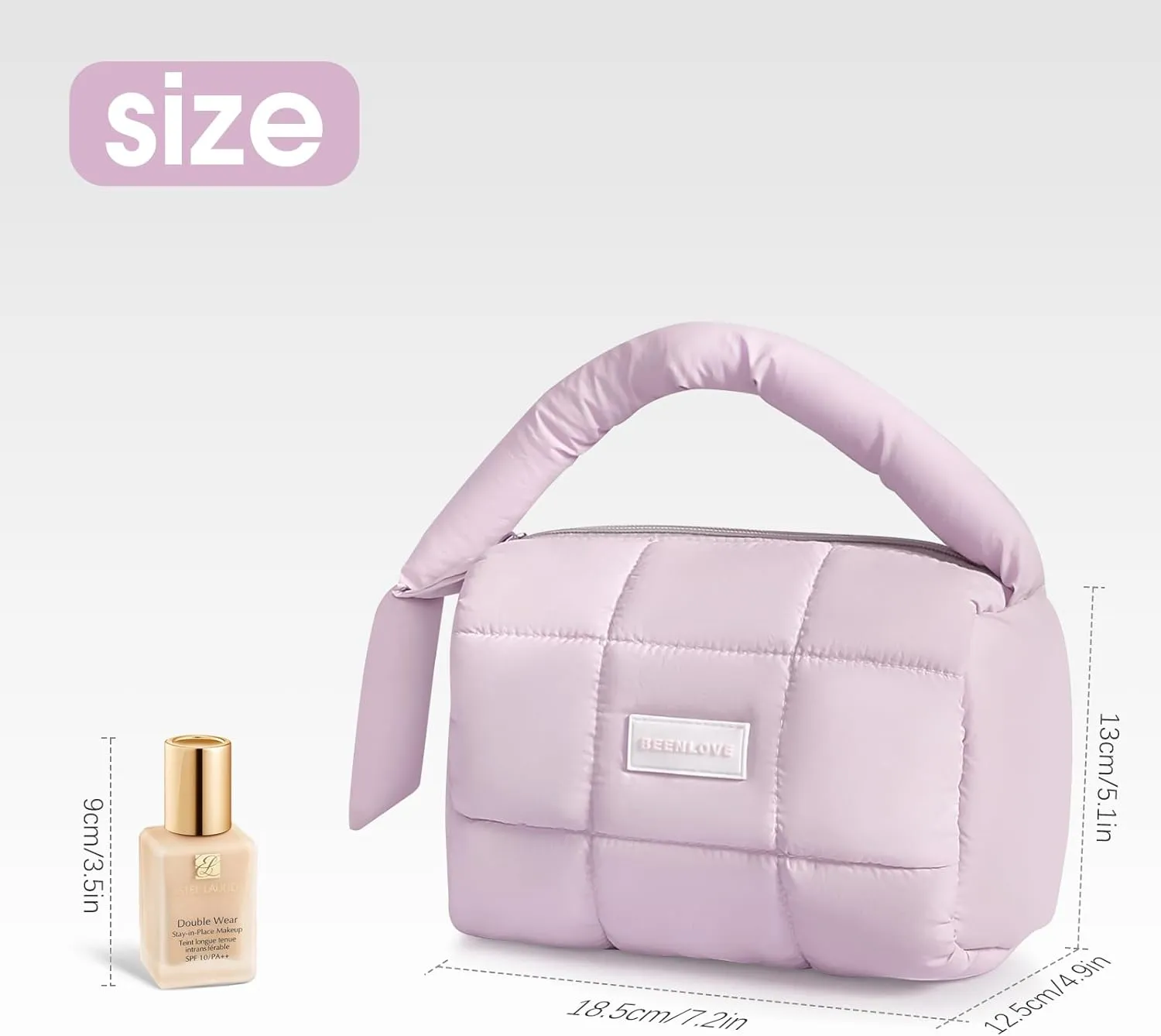 Cute Puffy Makeup Bag with Handle, Quilted Cosmetic Organizer Bag, Waterproof Travel Toiletry Pouch, Portable Handbag with Zipper for Women and Girls (Purple)