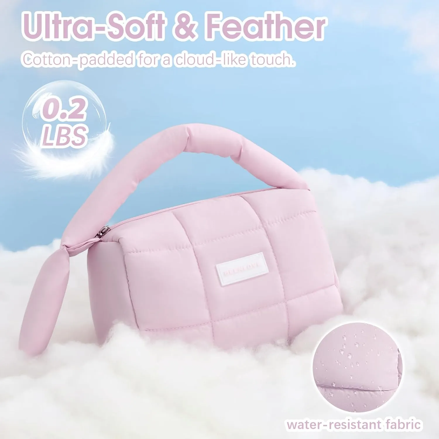 Cute Puffy Makeup Bag with Handle, Quilted Cosmetic Organizer Bag, Waterproof Travel Toiletry Pouch, Portable Handbag with Zipper for Women and Girls (Purple)