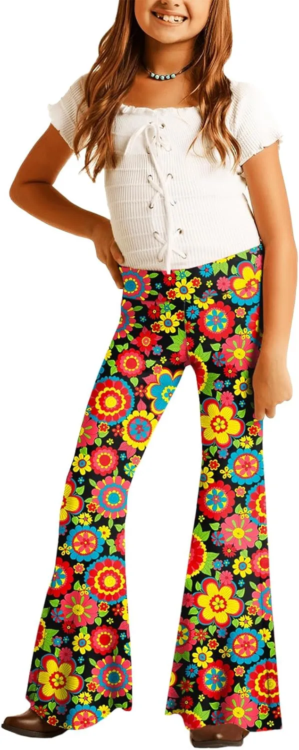 Deerose Girls Bell Bottom Floral Print Stretch Hippie Pants High Waist Flare Pants 5-14 Year