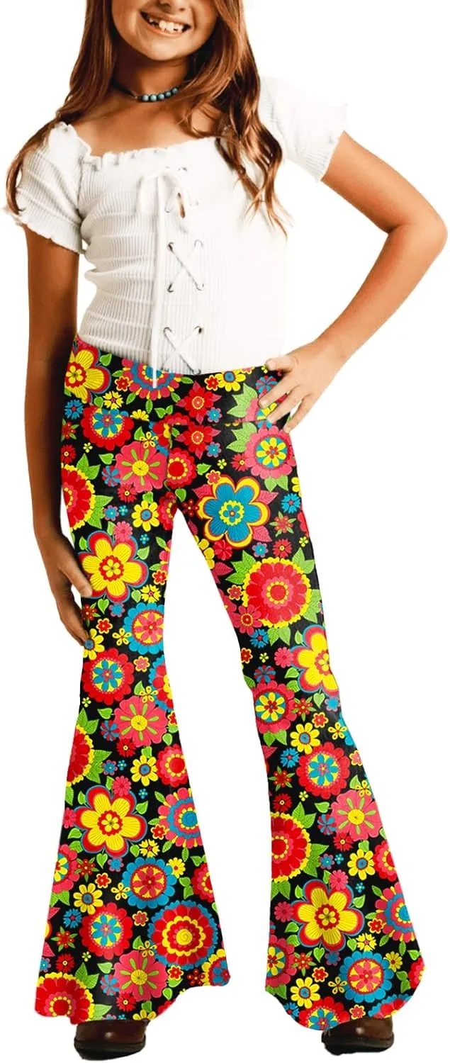 Deerose Girls Bell Bottom Floral Print Stretch Hippie Pants High Waist Flare Pants 5-14 Year