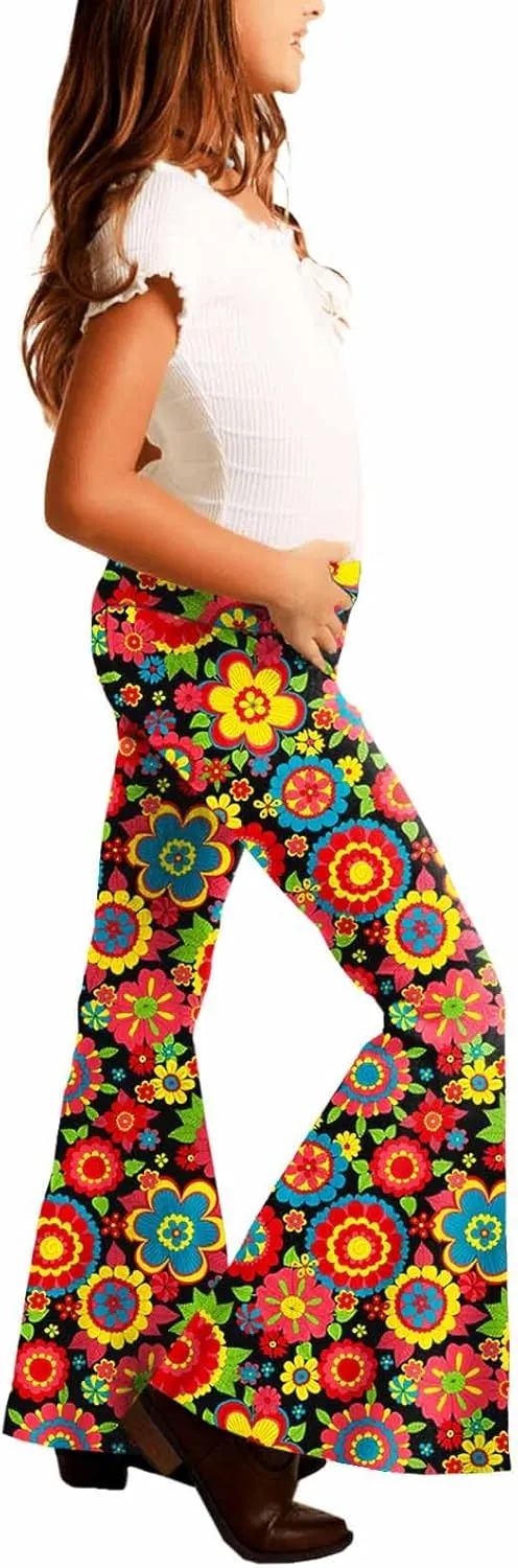 Deerose Girls Bell Bottom Floral Print Stretch Hippie Pants High Waist Flare Pants 5-14 Year