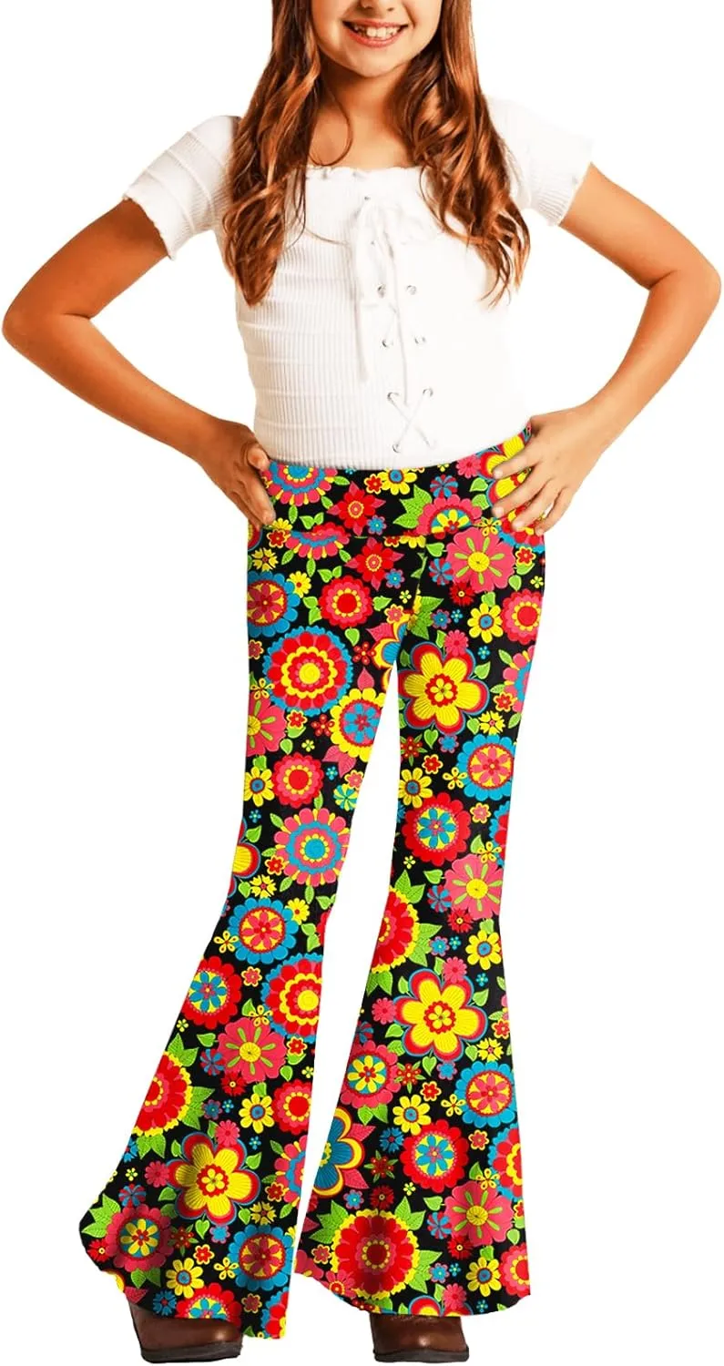 Deerose Girls Bell Bottom Floral Print Stretch Hippie Pants High Waist Flare Pants 5-14 Year