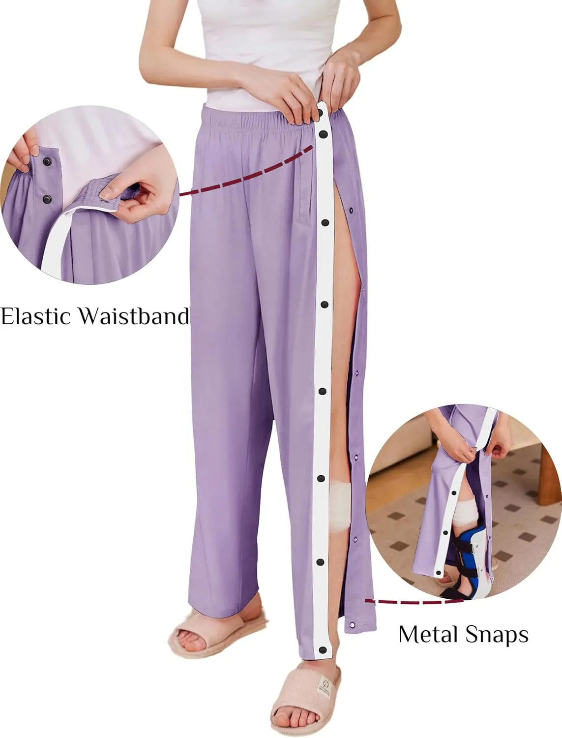 Deyeek Women's Tear Away Pants Side Split Snap Open Bottom Sweatpants Leg Breakaway Post Surgery Pants with Pockets