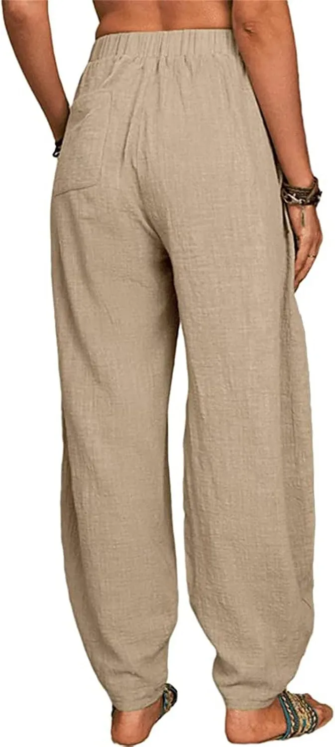DGHM-JLMY Women's Loose Cotton Linen Harem Pants Fashion Solid Baggy Casual Pants High Waist Yoga Boho Trousers with Pockets