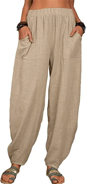 DGHM-JLMY Women's Loose Cotton Linen Harem Pants Fashion Solid Baggy Casual Pants High Waist Yoga Boho Trousers with Pockets
