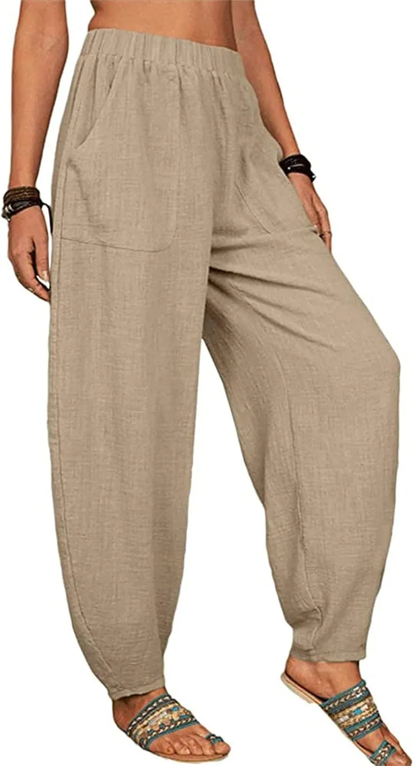 DGHM-JLMY Women's Loose Cotton Linen Harem Pants Fashion Solid Baggy Casual Pants High Waist Yoga Boho Trousers with Pockets