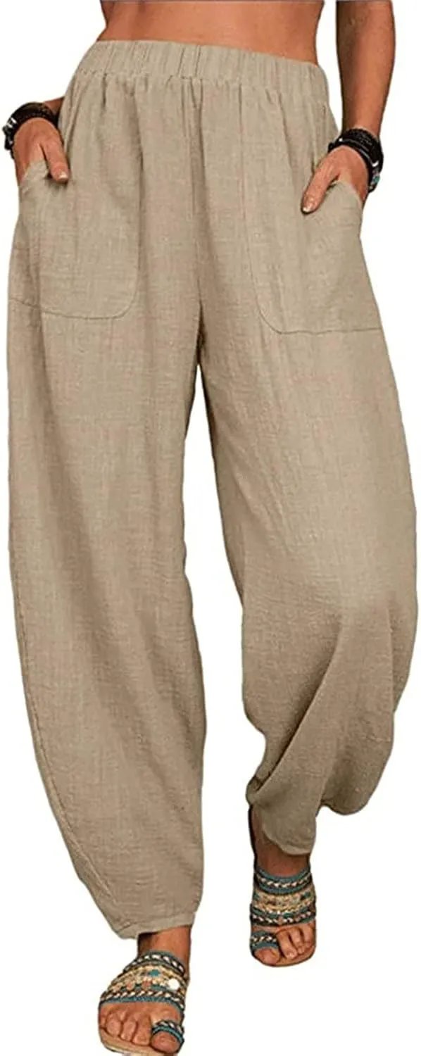 DGHM-JLMY Women's Loose Cotton Linen Harem Pants Fashion Solid Baggy Casual Pants High Waist Yoga Boho Trousers with Pockets