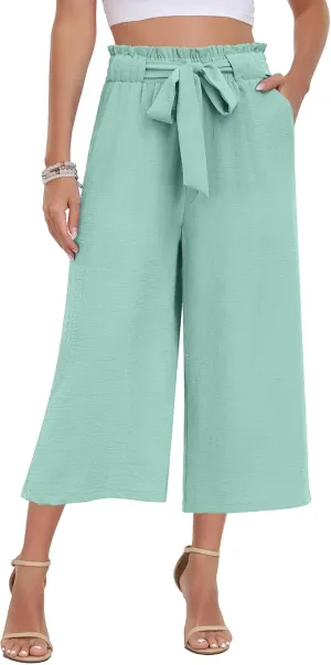 DILIUXING Womens Wide Leg Lounge Capri Pants with Pockets Lightweight High Waisted Adjustable Loose Tie Knot Trouser