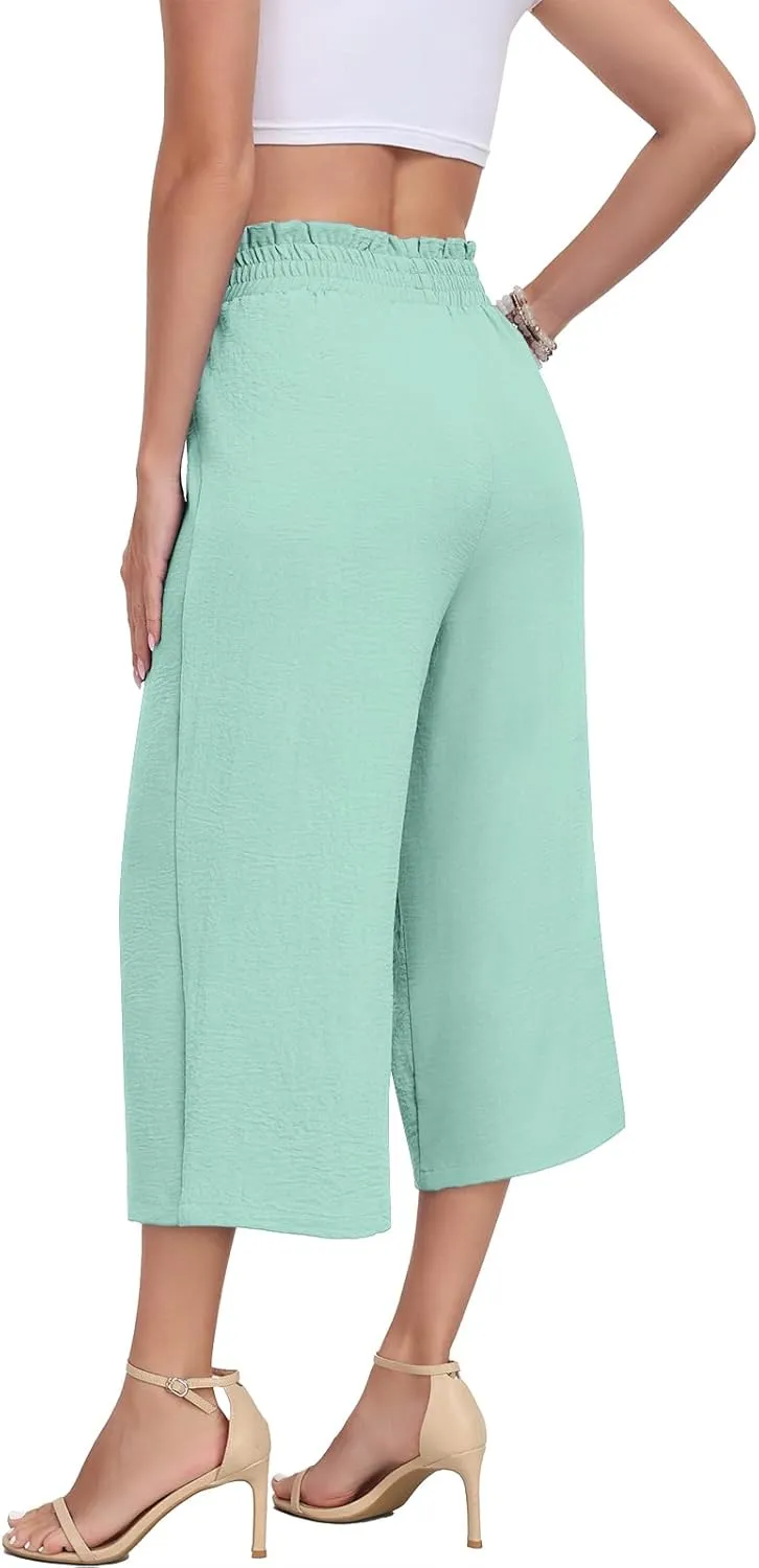 DILIUXING Womens Wide Leg Lounge Capri Pants with Pockets Lightweight High Waisted Adjustable Loose Tie Knot Trouser
