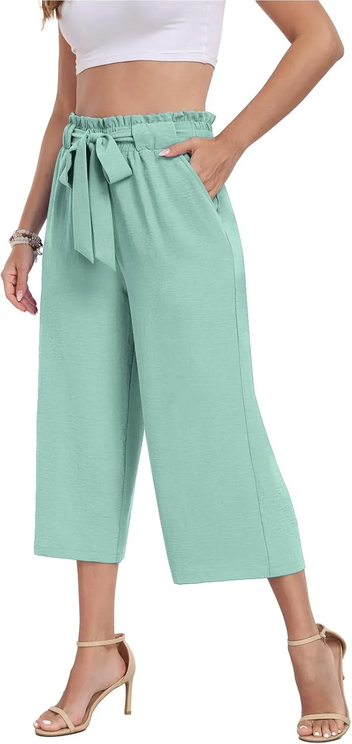 DILIUXING Womens Wide Leg Lounge Capri Pants with Pockets Lightweight High Waisted Adjustable Loose Tie Knot Trouser