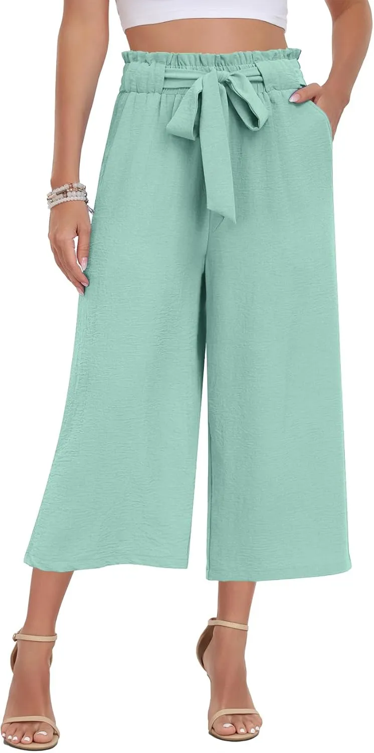 DILIUXING Womens Wide Leg Lounge Capri Pants with Pockets Lightweight High Waisted Adjustable Loose Tie Knot Trouser
