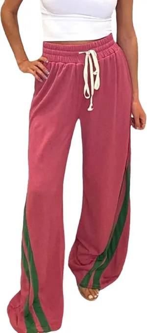 DINGANG High Waisted Casual Sweatpants Women Loose Wide Leg Elastic Waist Drawstring Cargo Striped Sweat Pants