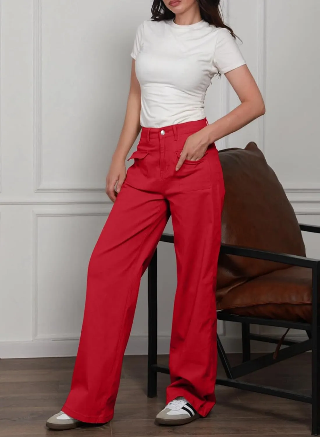 Dokotoo Womens Cargo Pants Women Baggy Wide Leg High Waist Casual Pants Jean Stretch Pants