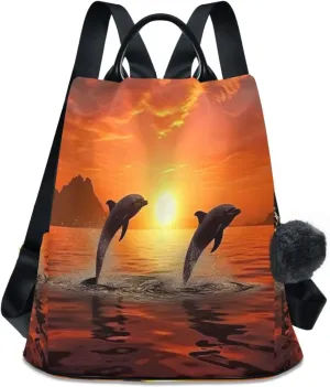 Dolphins Sunset Ocean Backpack Purse Anti-Theft Casual Travel Rucksack Fashion Lightweight Shoulder Bag for Carryon Handbag Women