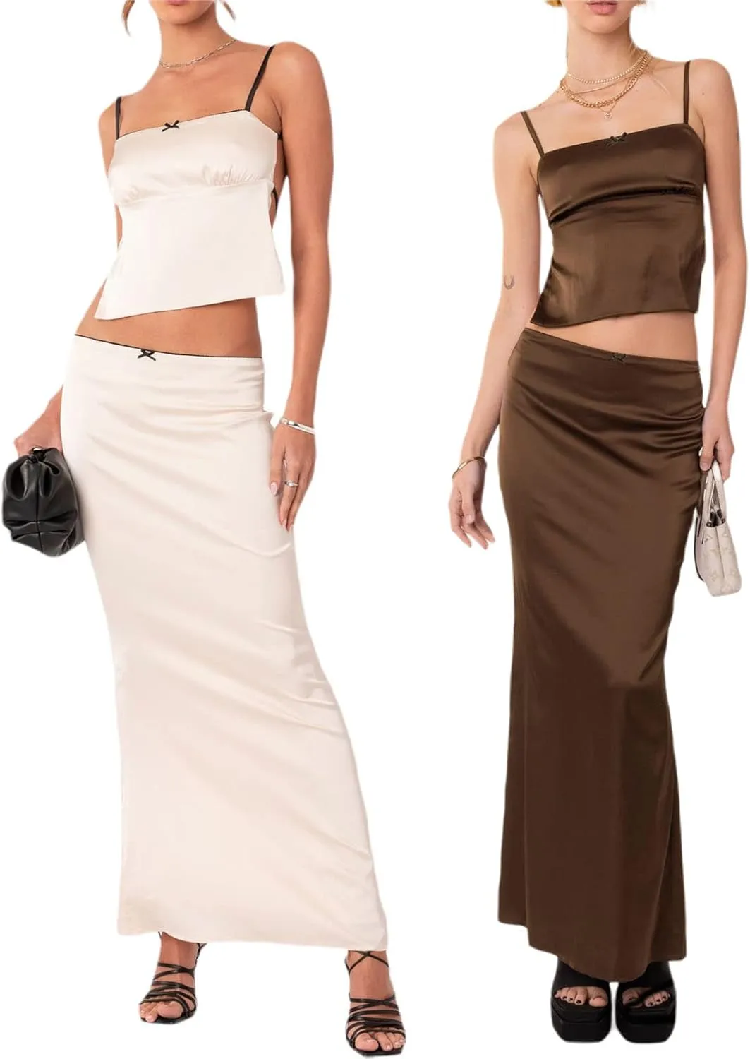 DSORVICD Women Going Out Maxi Skirt Set Strapless Lace Tube Top Bodycon Long Skirts Suit Y2k 2 Piece Outfits
