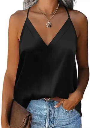 ELESOL Womens Satin Tops V Neck Sleeveless Camisole Cami Spaghetti Straps Blouse Summer Loose Racerback Shirt