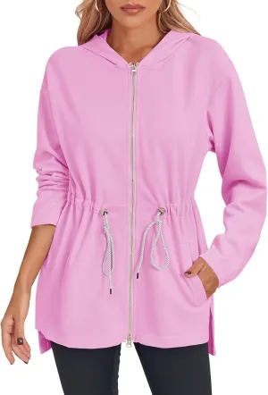 Fisoew Women's Zip Up Hoodie Sweatshirts Oversized Long Sleeve Casual Drawstring Waist Side Slit Tunic Tops Pink