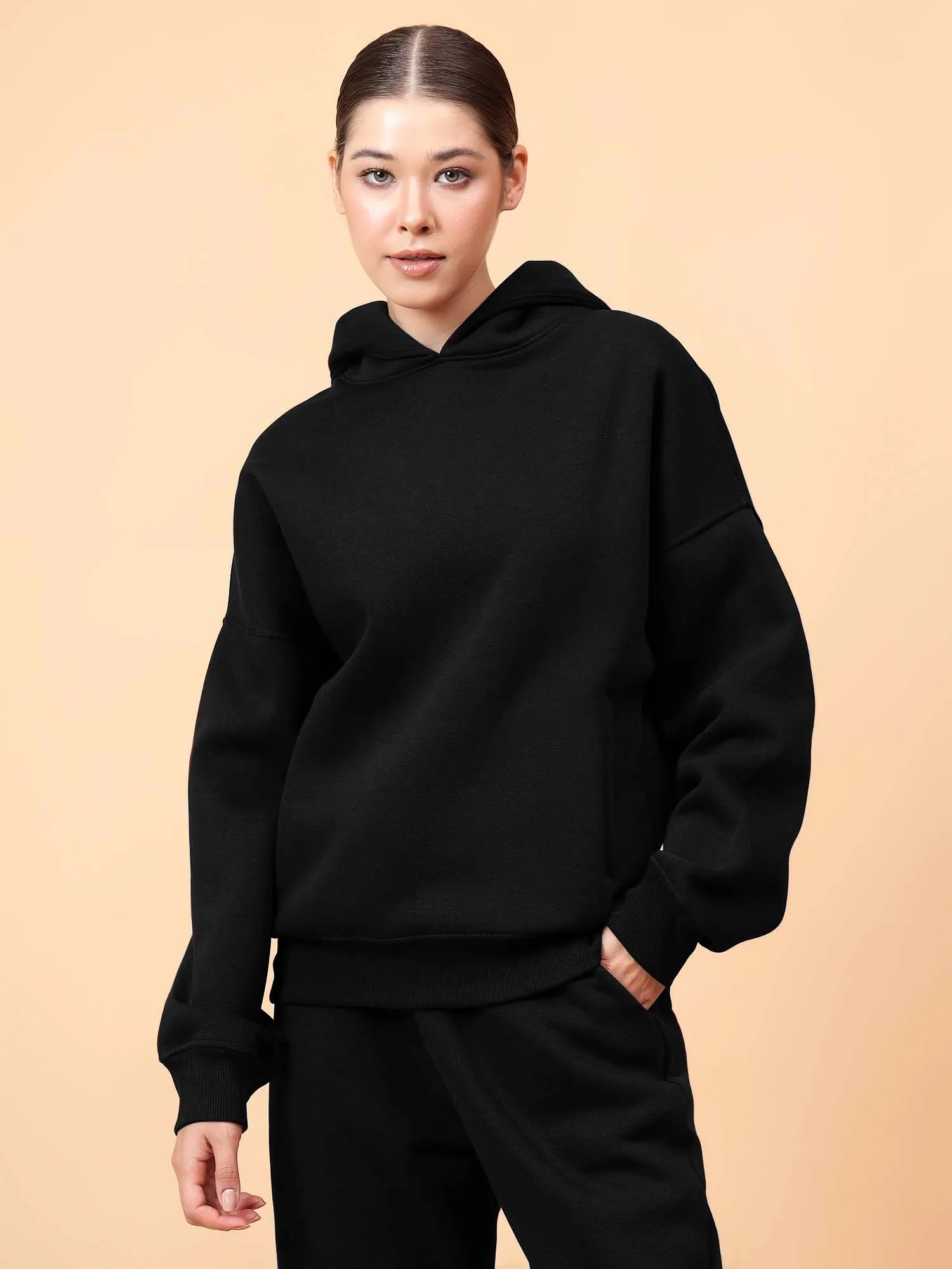 Fitkin Women Solid  Black CozyCore Fleece Hoodie