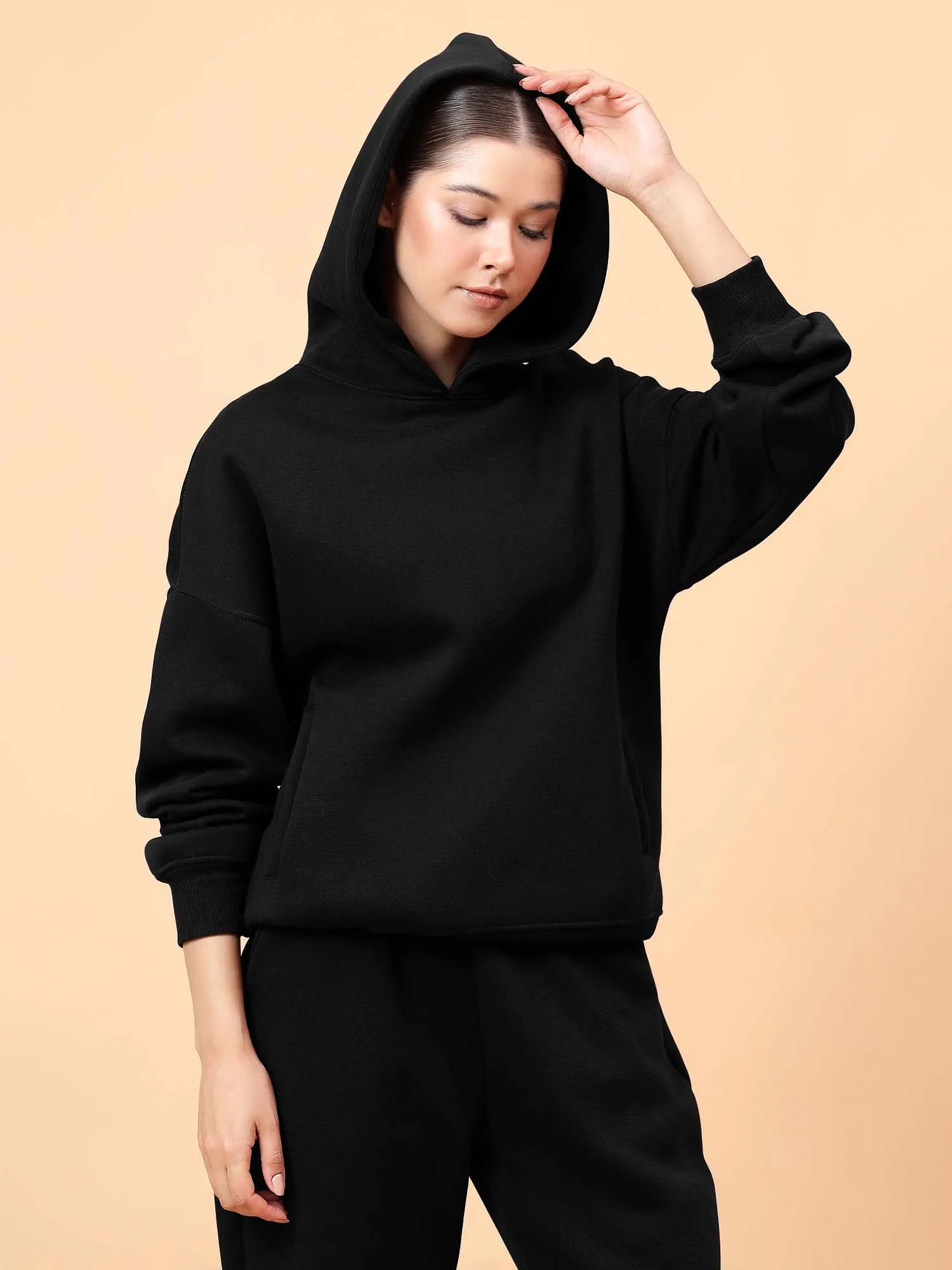 Fitkin Women Solid  Black CozyCore Fleece Hoodie