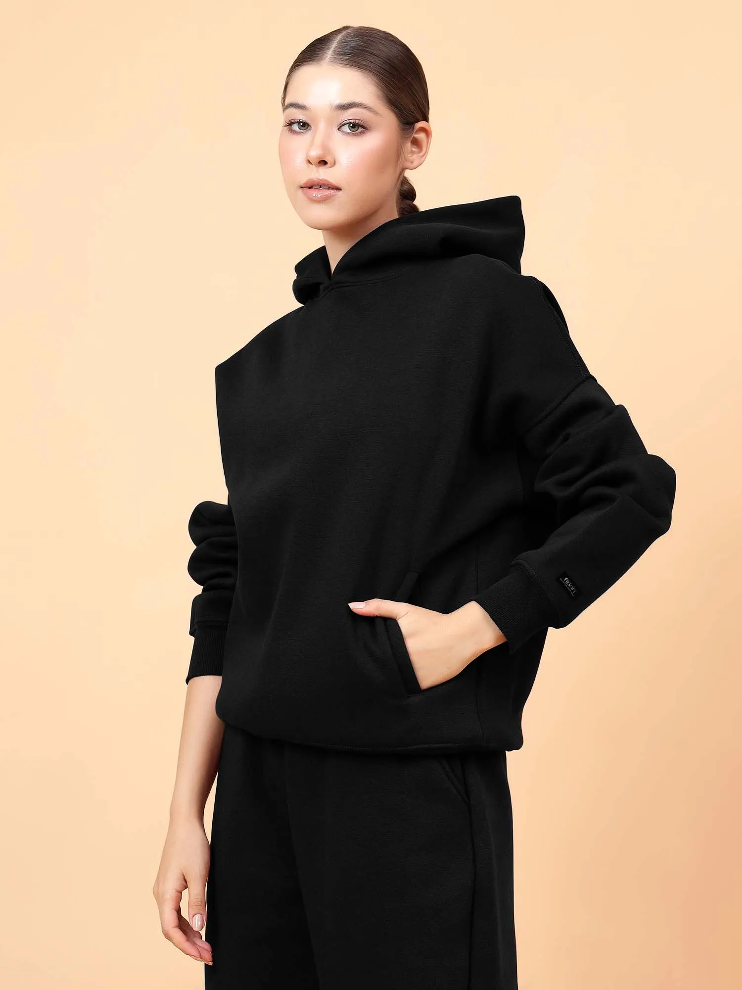 Fitkin Women Solid  Black CozyCore Fleece Hoodie