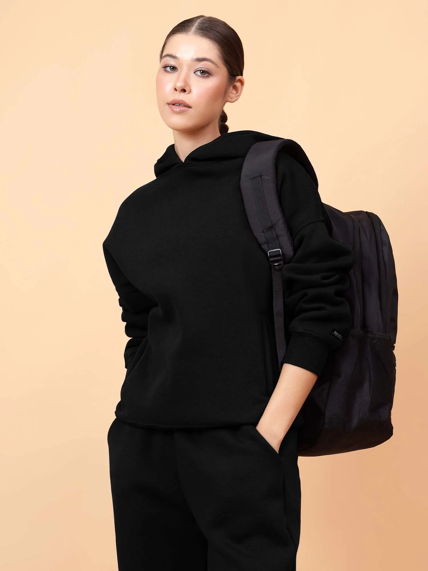 Fitkin Women Solid  Black CozyCore Fleece Hoodie