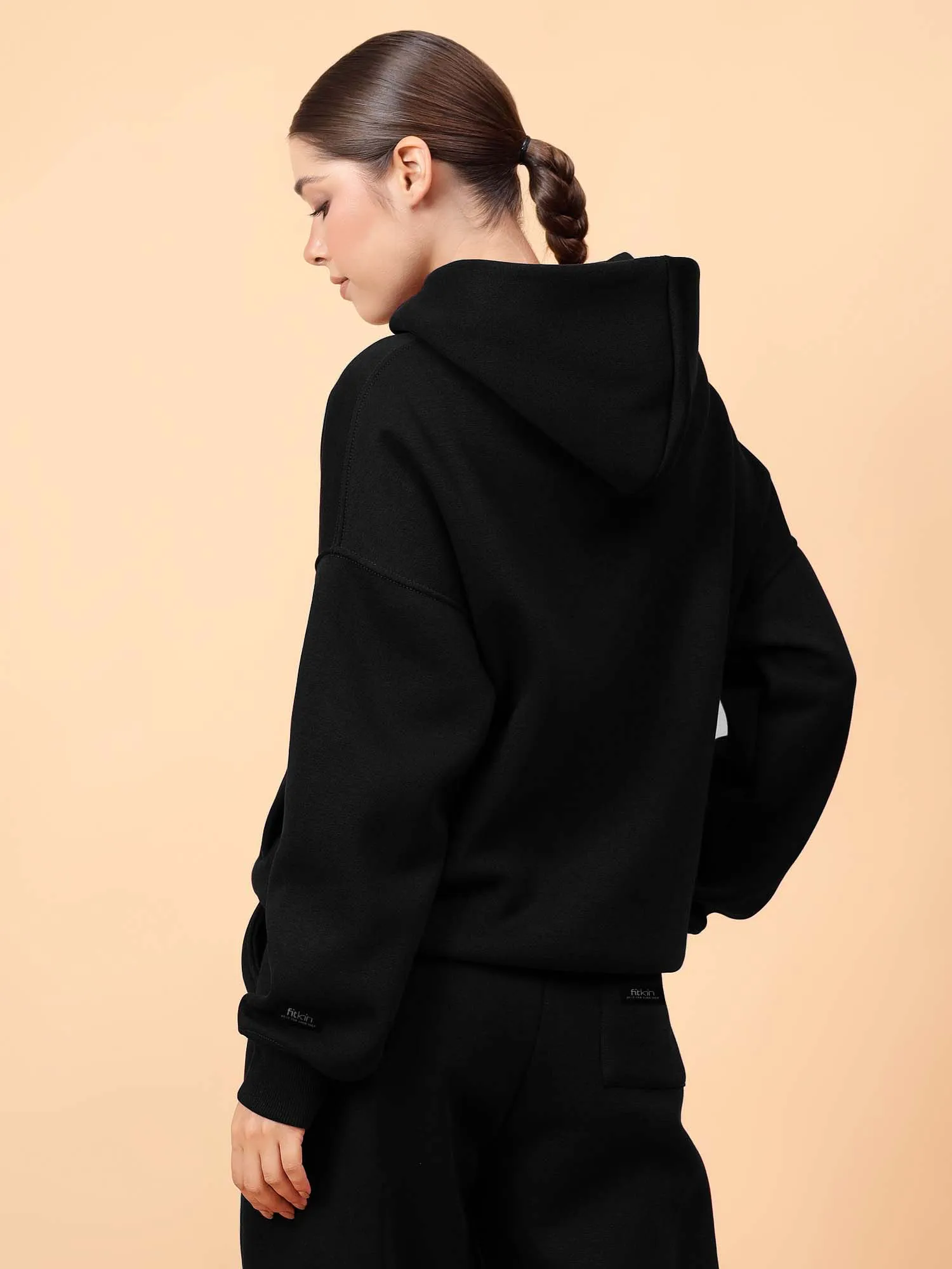 Fitkin Women Solid  Black CozyCore Fleece Hoodie