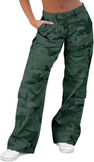 Flamingals Cargo Pants for Women Baggy Wide Leg Mid Waist Causal Y2K Pants with Pockets