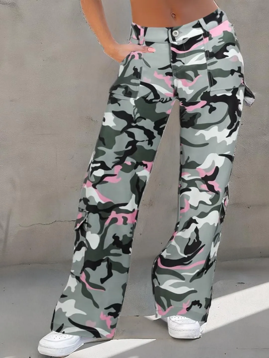 Flamingals Cargo Pants for Women Baggy Wide Leg Mid Waist Causal Y2K Pants with Pockets