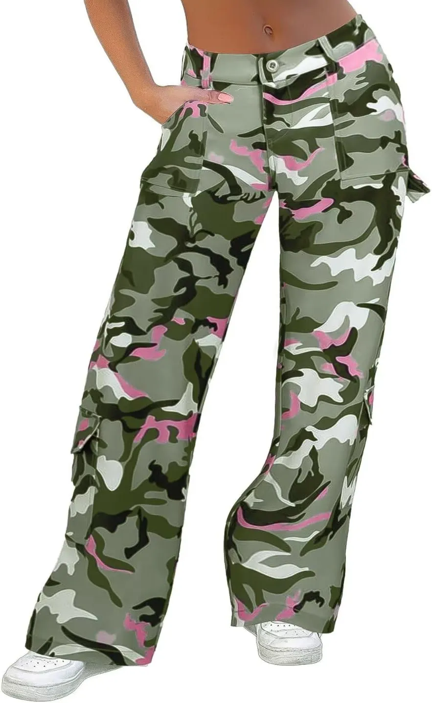 Flamingals Cargo Pants for Women Baggy Wide Leg Mid Waist Causal Y2K Pants with Pockets