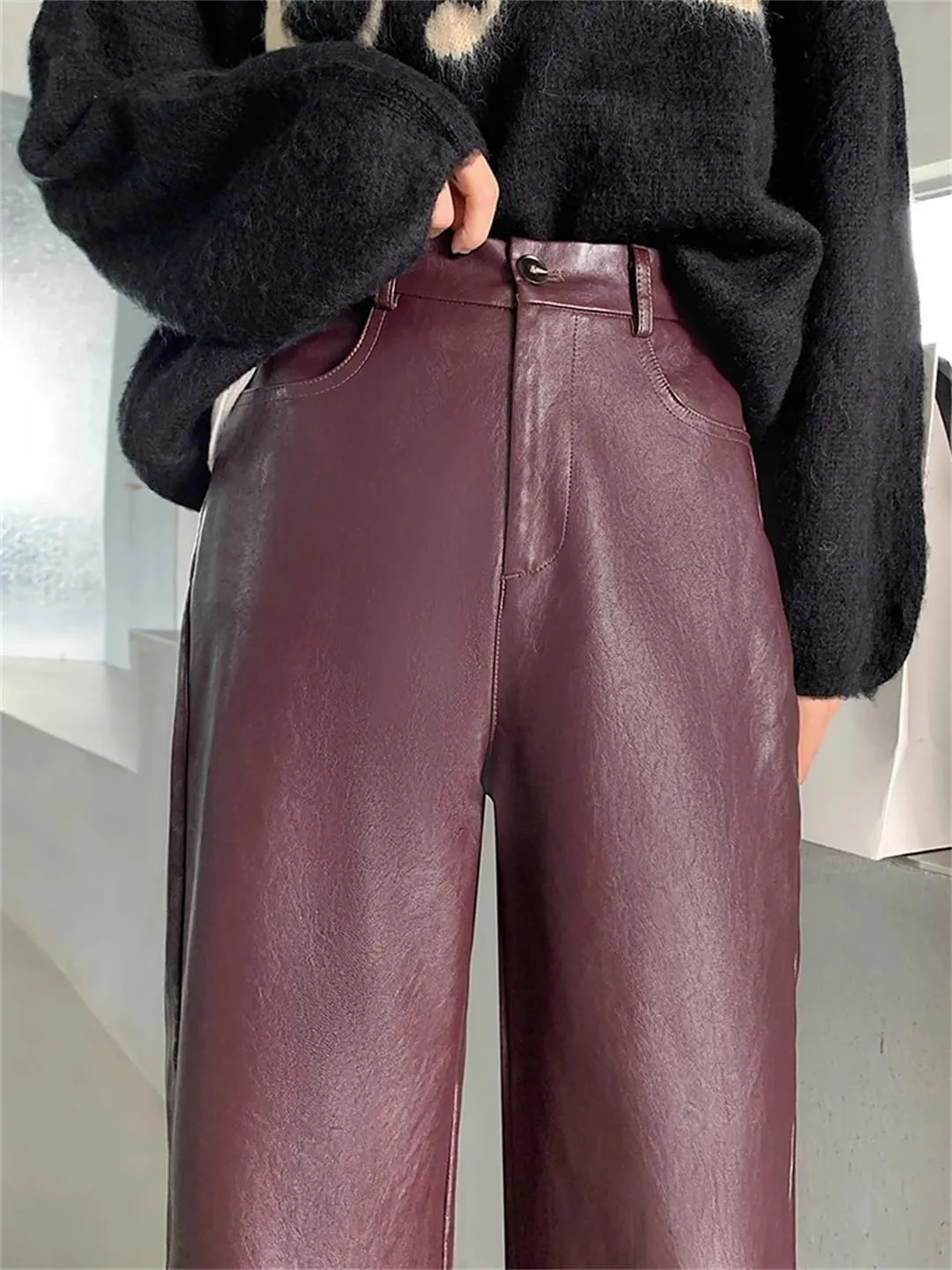 Fnfmrfmr Women Casual PU Leather Pants Solid High Waisted Zipper Pockets Faux Leather Harem Trousers