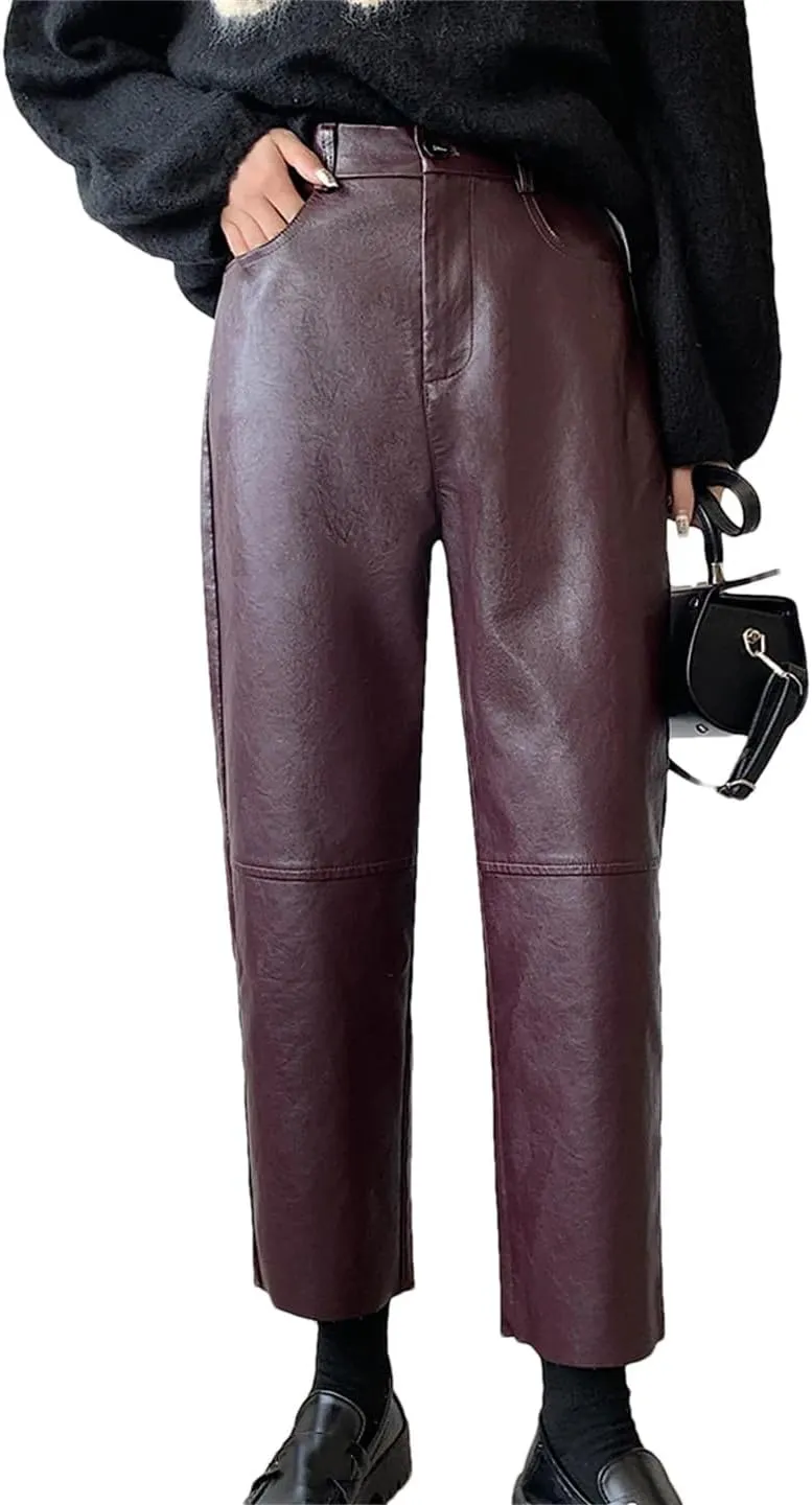 Fnfmrfmr Women Casual PU Leather Pants Solid High Waisted Zipper Pockets Faux Leather Harem Trousers