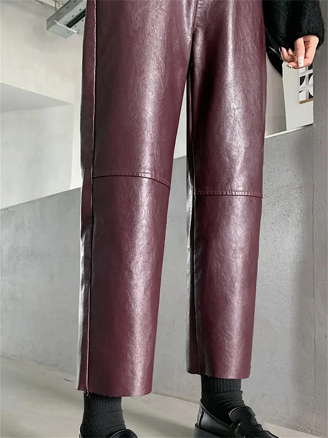 Fnfmrfmr Women Casual PU Leather Pants Solid High Waisted Zipper Pockets Faux Leather Harem Trousers
